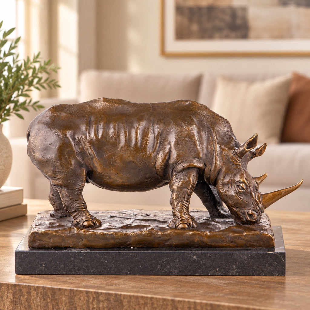 Bronze Skulptur Nashorn in der Natur - signierte Tierfigur auf Marmorsockel