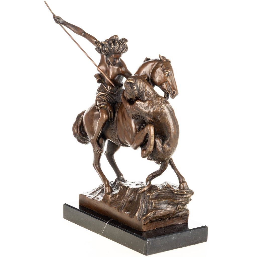 Bronze Skulptur Amazone zu Pferd - signierte Jagdfigur auf Marmorsockel