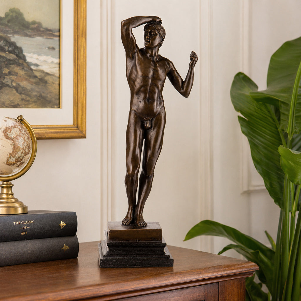 Bronze Skulptur Das eherne Zeitalter n. Rodin - signierte Aktfigur, Marmorsockel