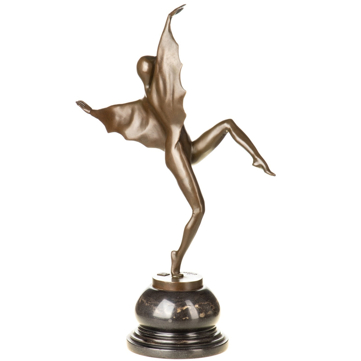 Bronze Skulptur Tänzerin auf Marmorsockel – signierte Tanzfigur mit Kostüm