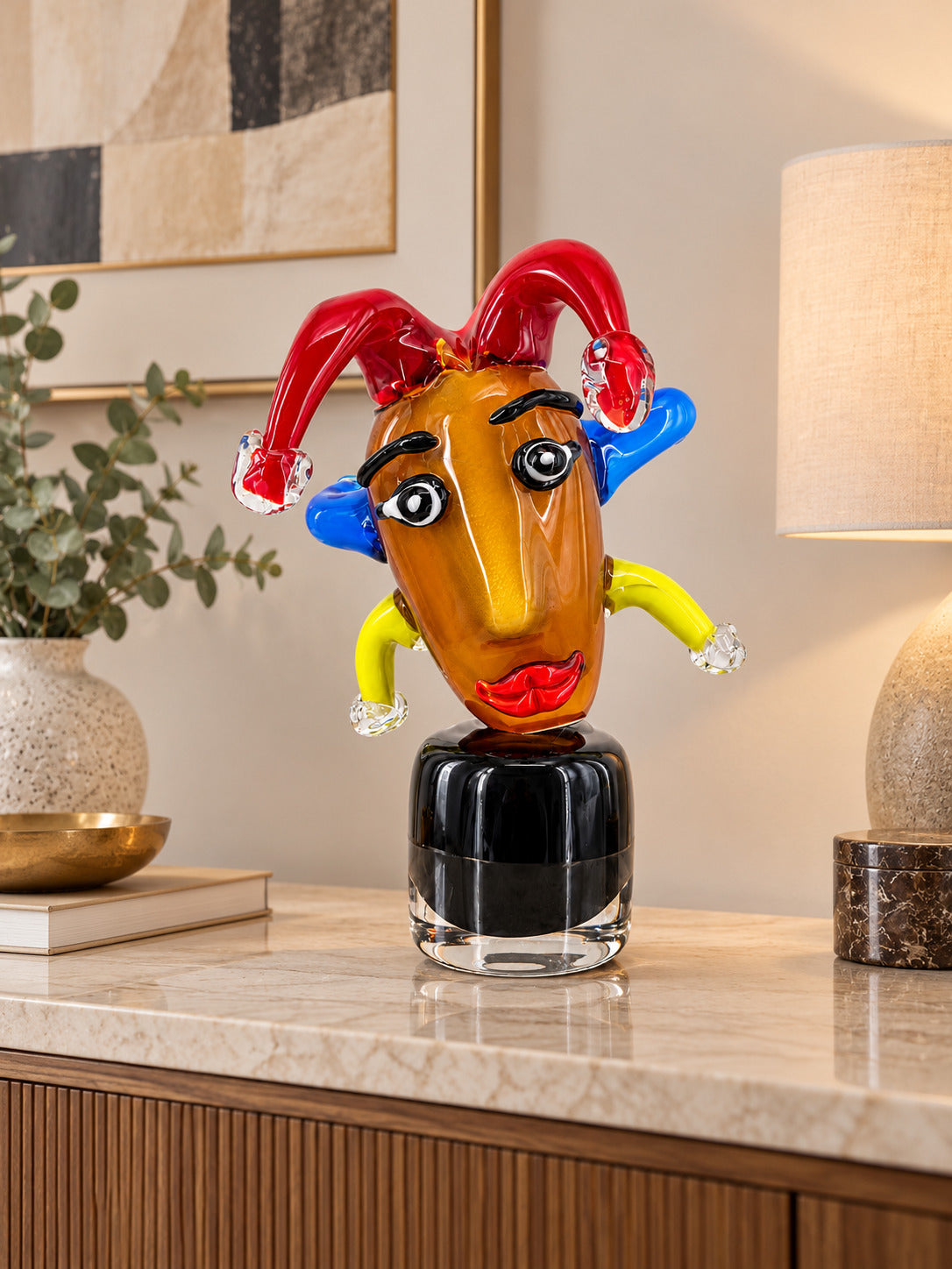 Exklusive Murano Glas Skulptur – Farbenfroher Harlekin mit ausdrucksstarkem Gesicht