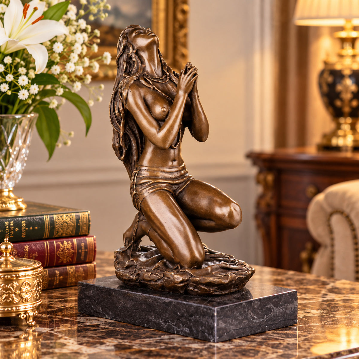 Bronze Skulptur betende Frau – signierte Aktfigur einer Frau auf Marmorsockel