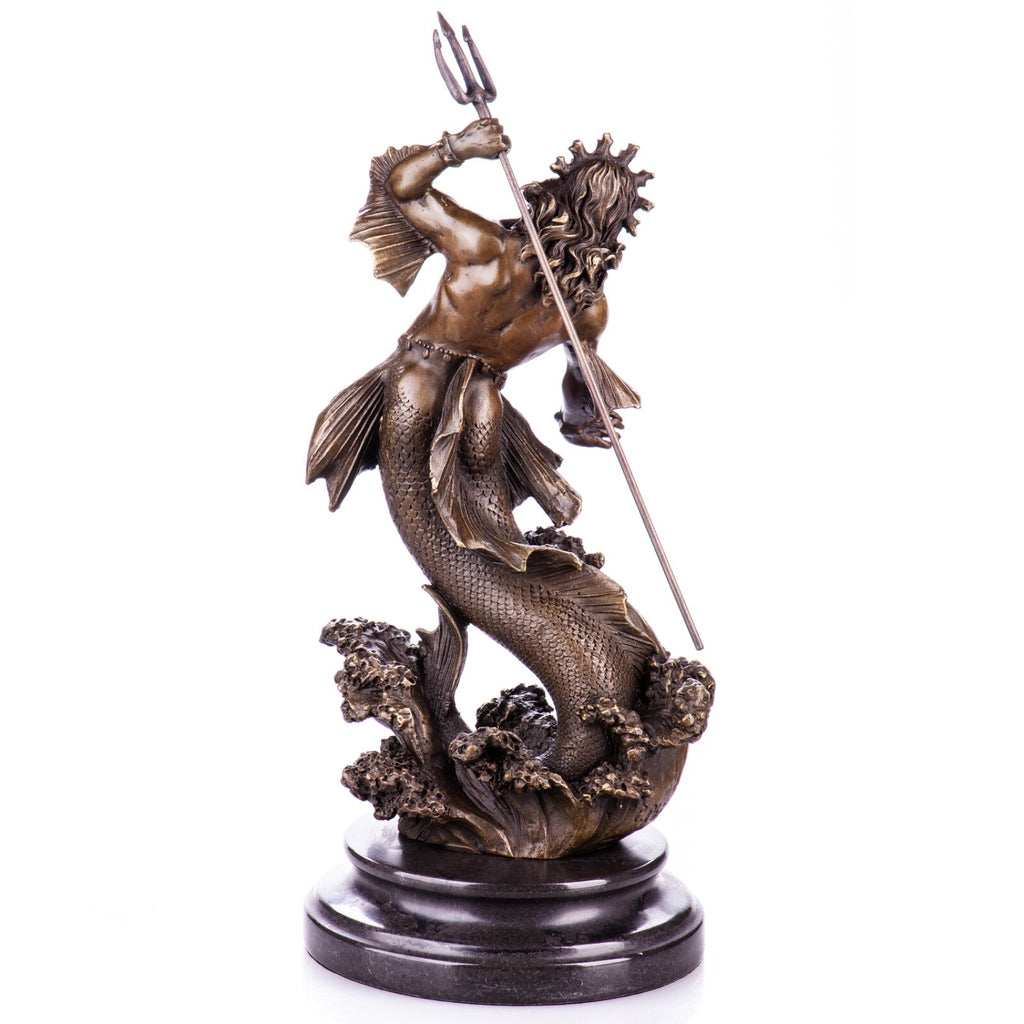Bronze Skulptur Neptun / Poseidon - signierte Mythologie Figur auf Marmorsockel