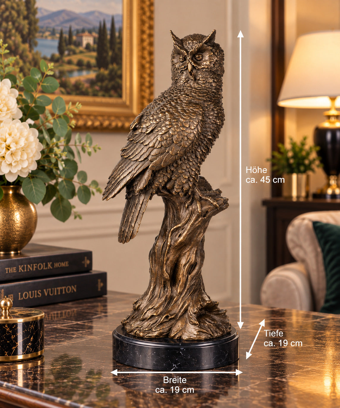 Bronze Skulptur Eule auf Baumstamm - signierte Tierfigur auf Marmorsockel, 45 cm