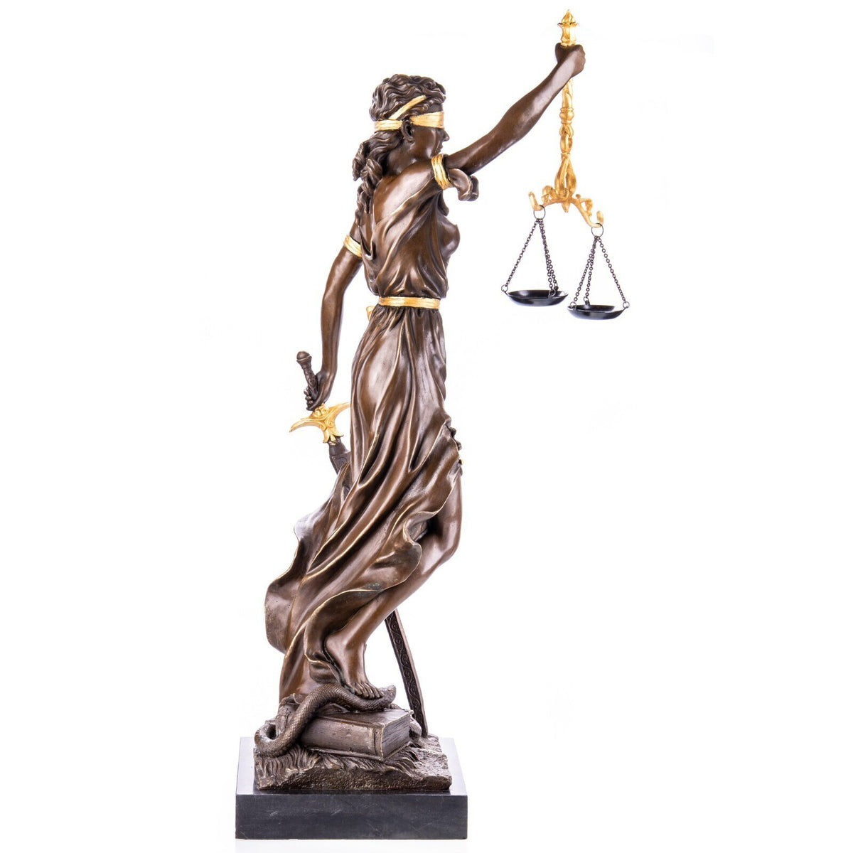 Bronze Skulptur Justitia mit Waage & Schwert – signierte Figur auf Marmorsockel
