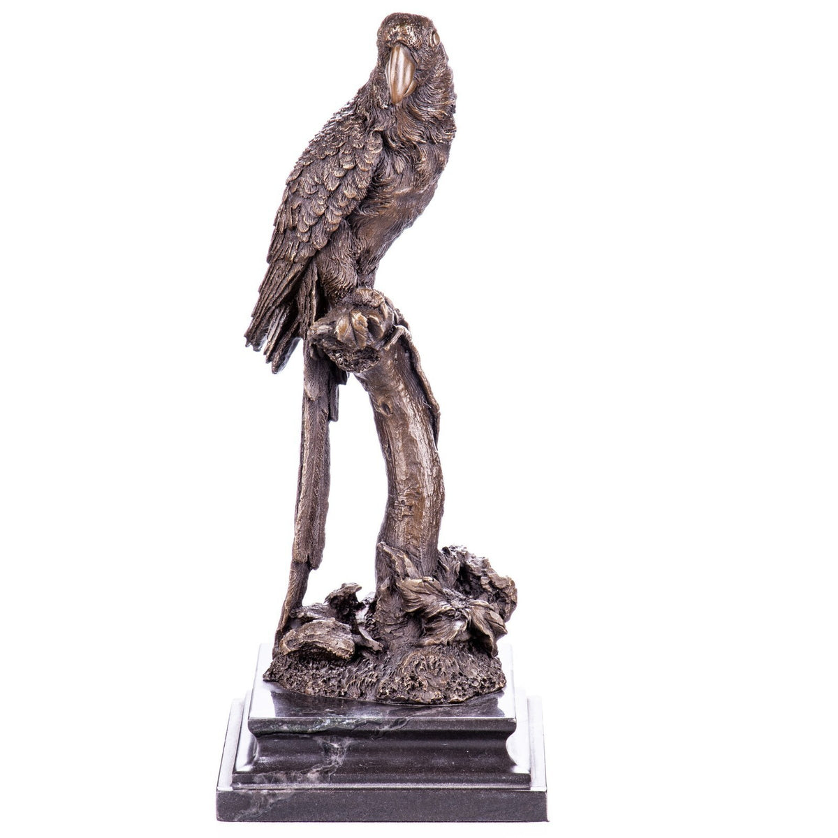 Bronze Skulptur Papagei auf Ast – signierte Tierfigur auf Marmorsockel, 33 cm