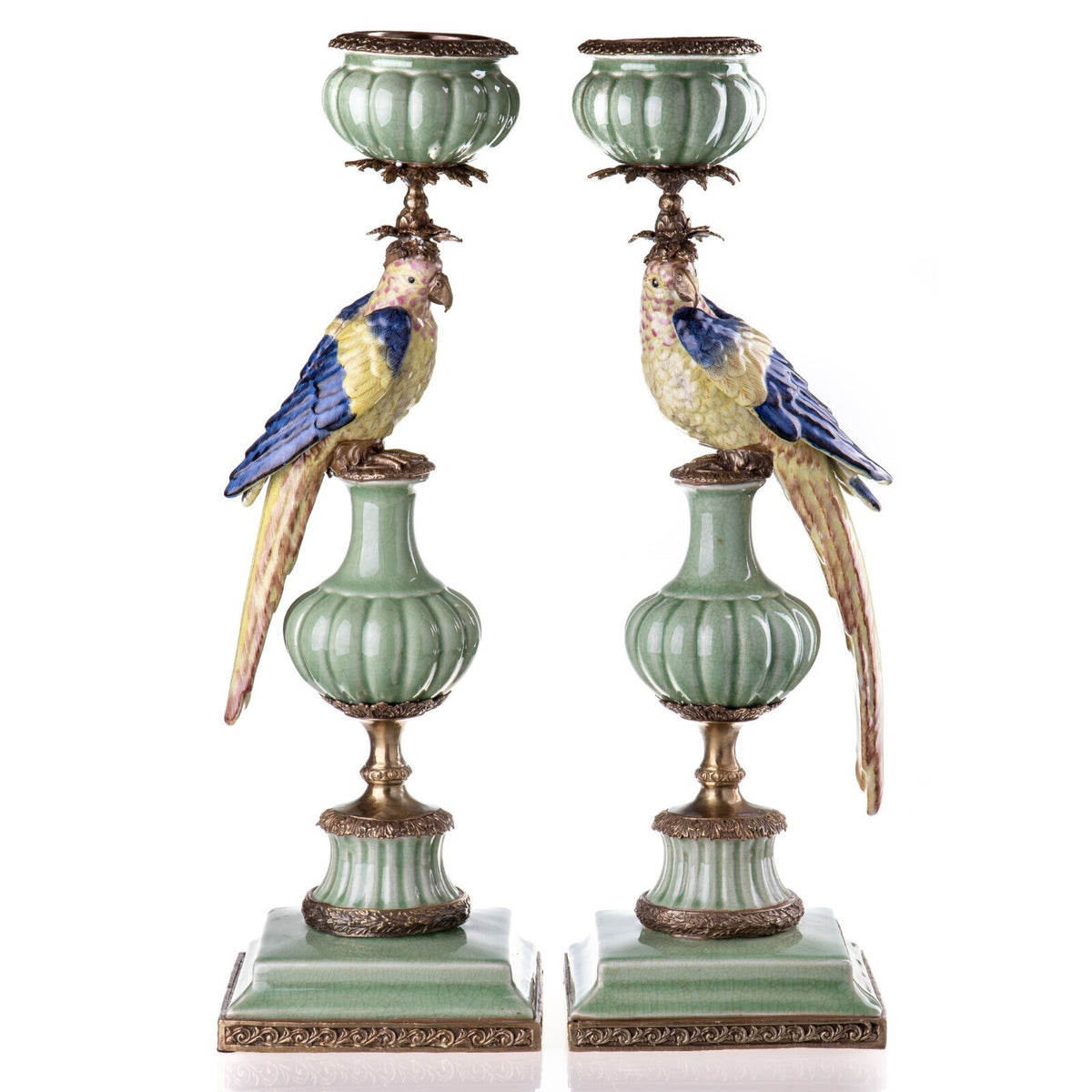 Kerzenhalter-Set Papageien aus Porzellan & Bronze – 2-teilig, 58 cm