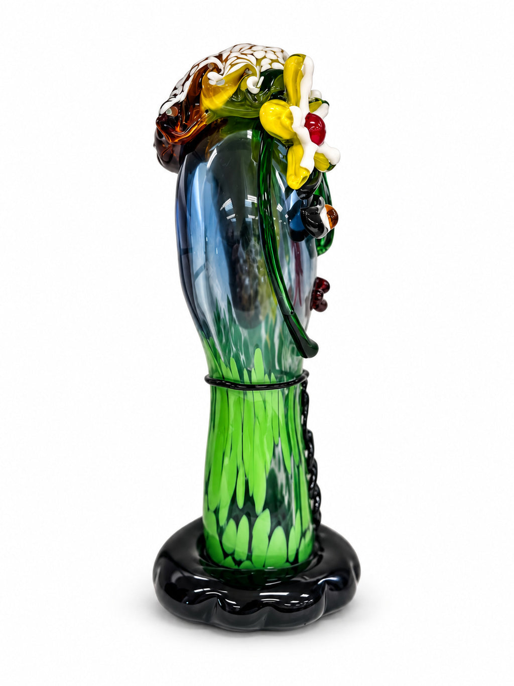 Murano Glasbüste Gesicht Grün-Gelb – Mundgeblasene Glas Skulptur mit Blume