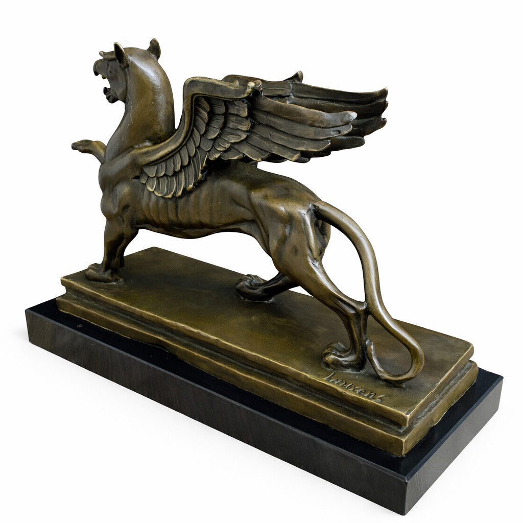 Bronze Skulptur Greif auf Marmorsockel - signierte Mythologie Figur