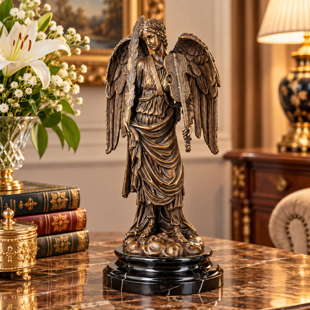 Engel mit Violine & Feder Bronze Skulptur auf Marmor – signierte Bronzefigur