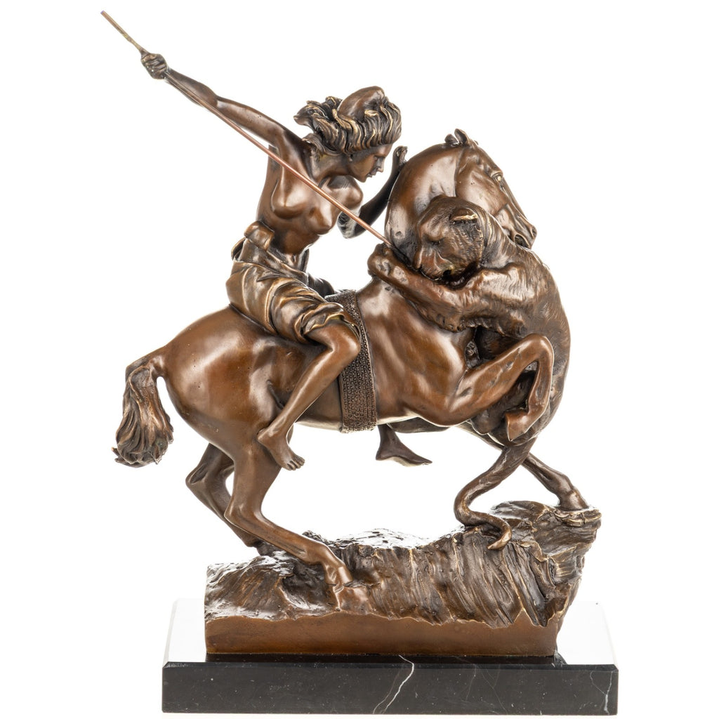 Bronze Skulptur Amazone zu Pferd - signierte Jagdfigur auf Marmorsockel