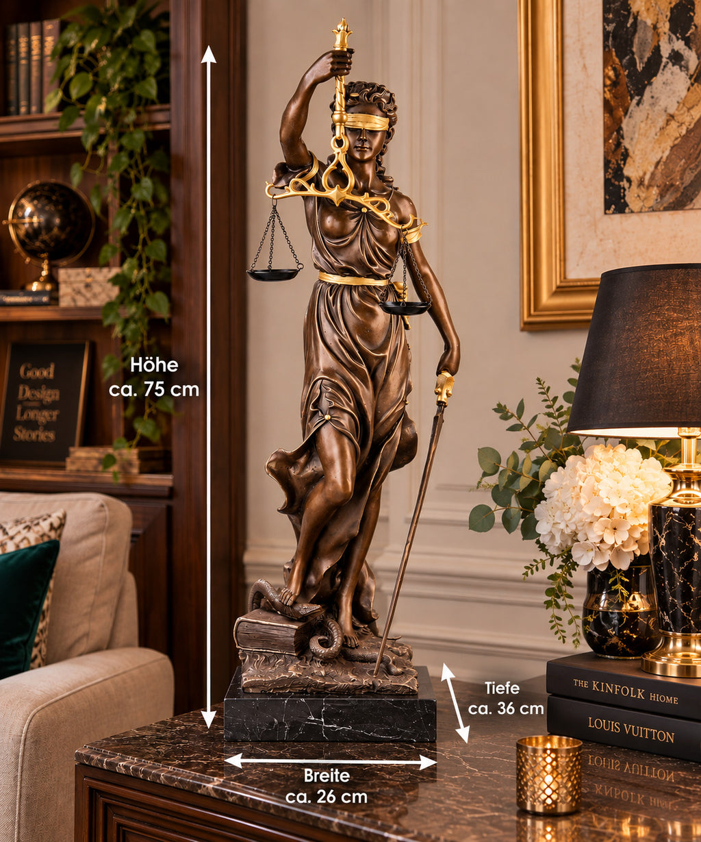 Bronze Skulptur Justitia mit Waage & Schwert – signierte Figur auf Marmorsockel