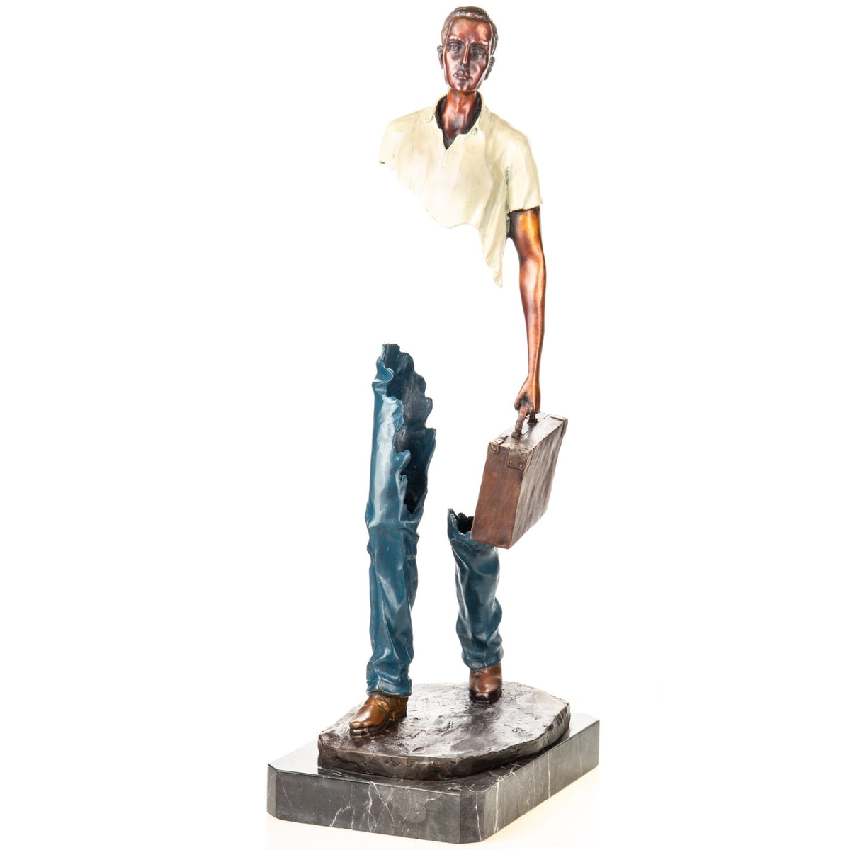 Bronze Skulptur Reisender mit Koffer – signierte moderne Kunstfigur auf Marmorsockel