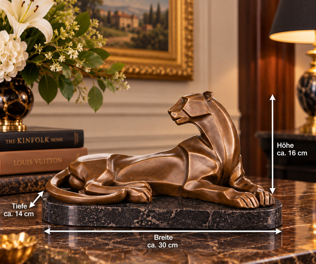 Bronze Skulptur Panther auf Marmorsockel – moderne Tierfigur, signiert
