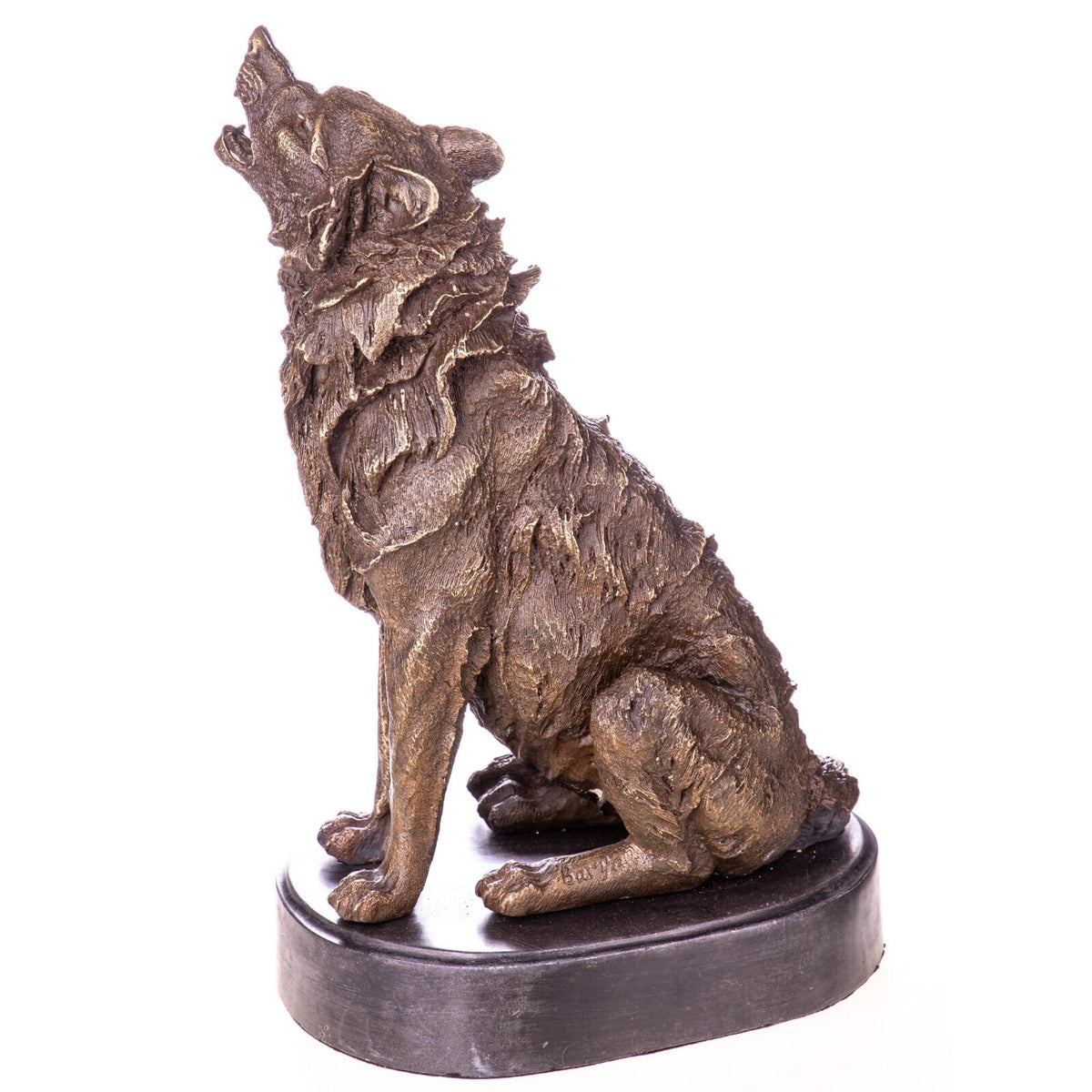 Bronze Skulptur heulender Wolf – signierte Tierfigur aus Natur auf Marmorsockel