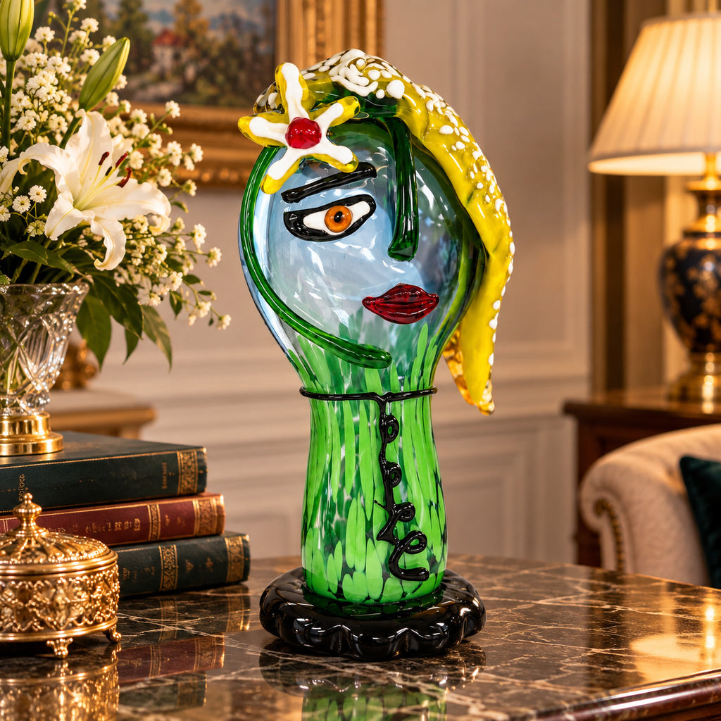 Murano Glasbüste Gesicht Grün-Gelb – Mundgeblasene Glas Skulptur mit Blume