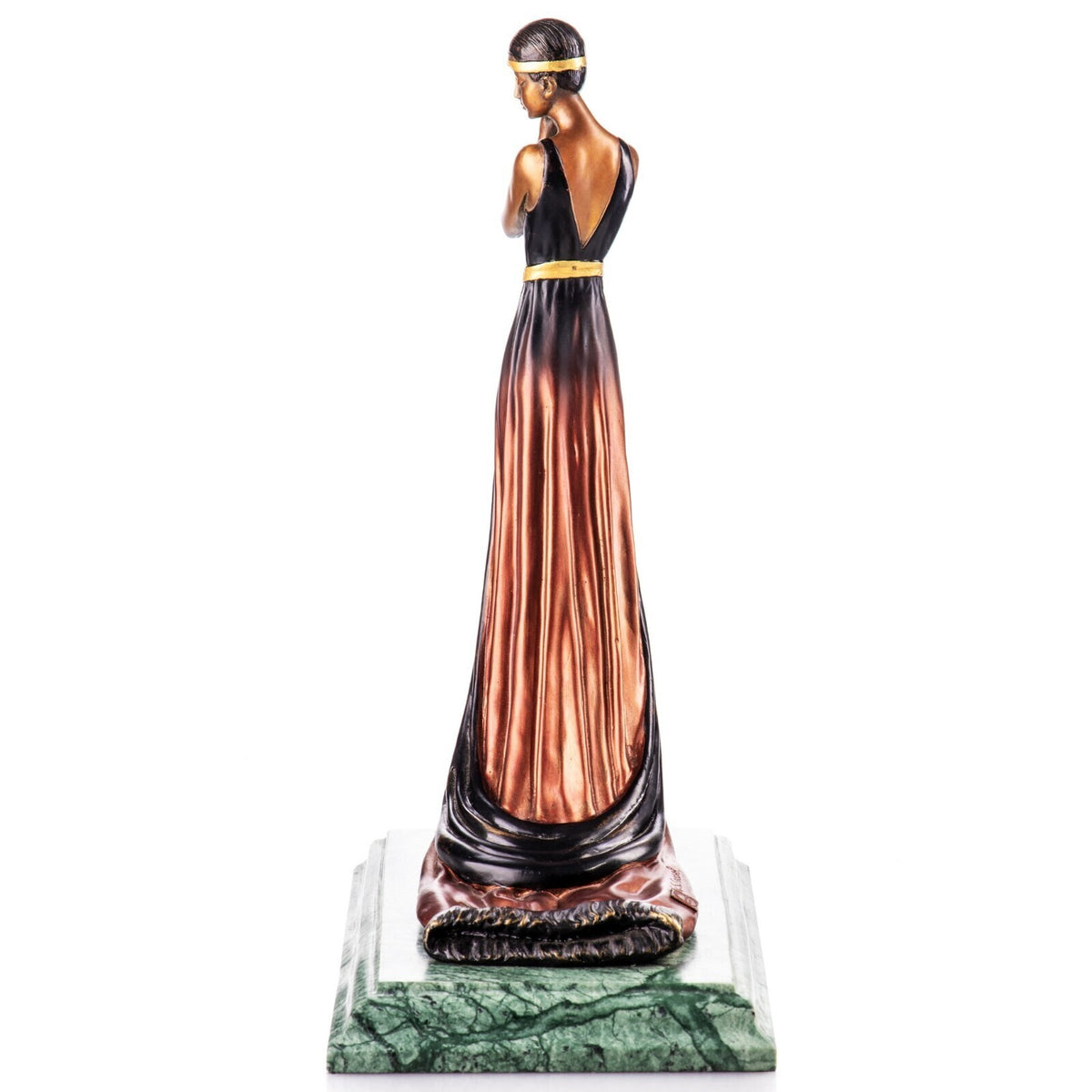 Bronze Skulptur Art-déco Frau im Abendkleid – signierte Figur auf Marmorsockel