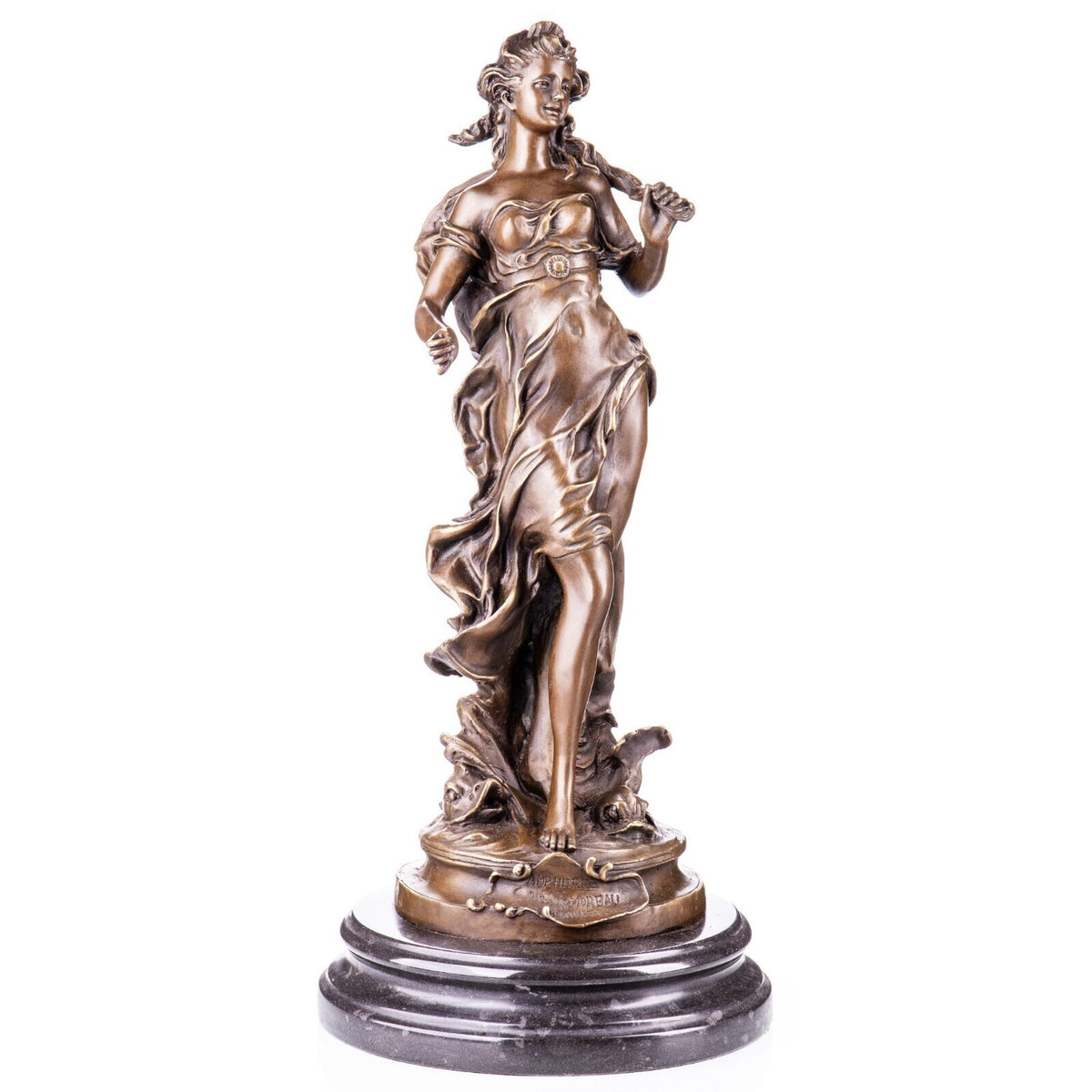 Bronze Skulptur Göttin Amphitrite nach A. Moreau – signierte Figur, Marmorsockel