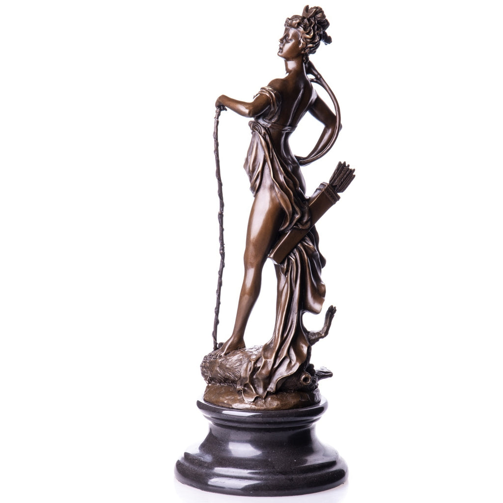 Bronze Skulptur Göttin Diana mit Bogen auf Marmorsockel - signiert 49 cm