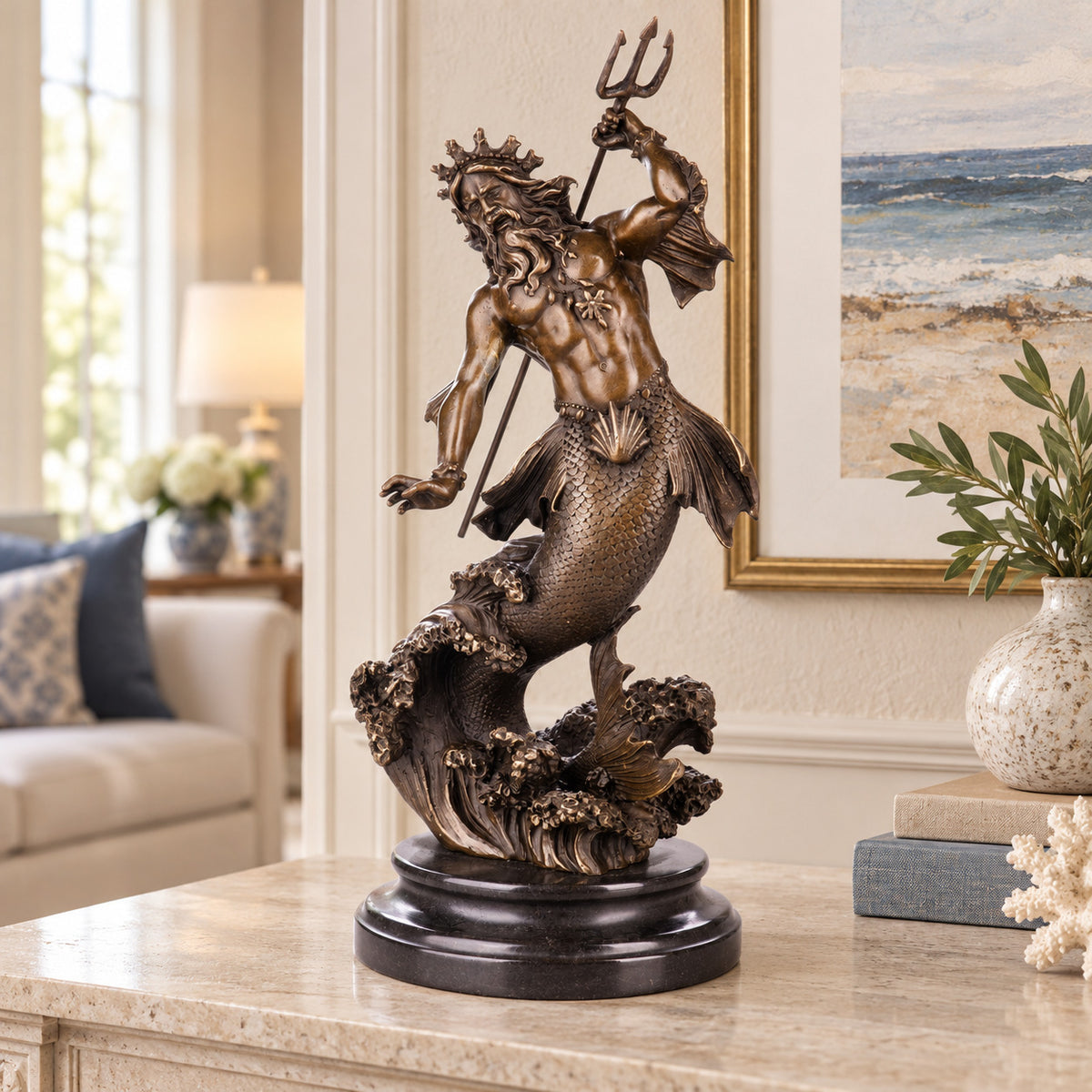 Bronze Skulptur Neptun / Poseidon - signierte Mythologie Figur auf Marmorsockel