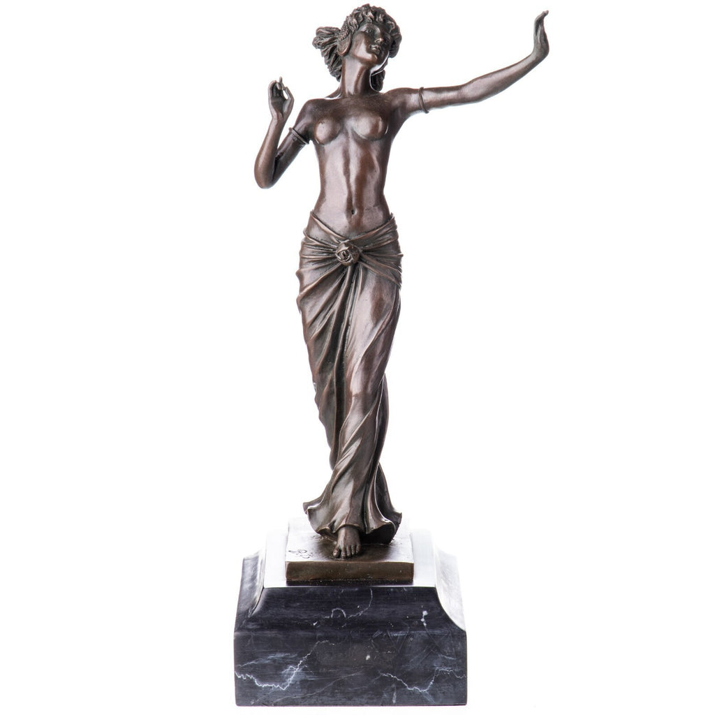 Bronze Skulptur Tänzerin mit Kleid - signierte Aktfigur auf Marmorsockel