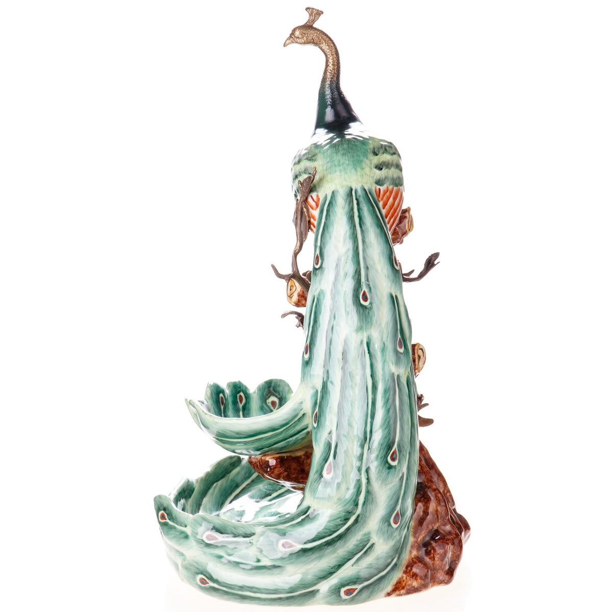 Pfauenschale aus Porzellan & Bronze – grüne Prunkschale mit Pfauenfigur, 45 cm