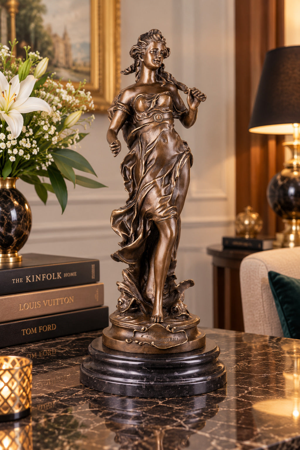 Bronze Skulptur Göttin Amphitrite nach A. Moreau – signierte Figur, Marmorsockel