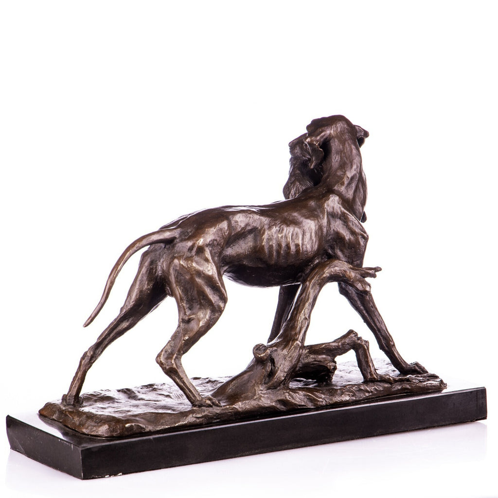 Bronze Skulptur Jagdhund mit Kaninchen auf Marmorsockel – signierte Tierfigur