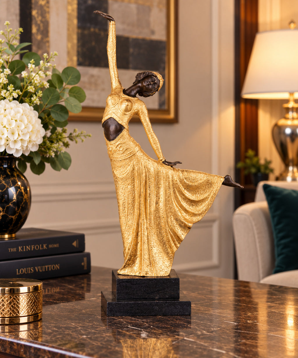 Bronzeskulptur Tänzerin nach D. H. Chiparus, Art Déco, goldfarben, Marmorsockel