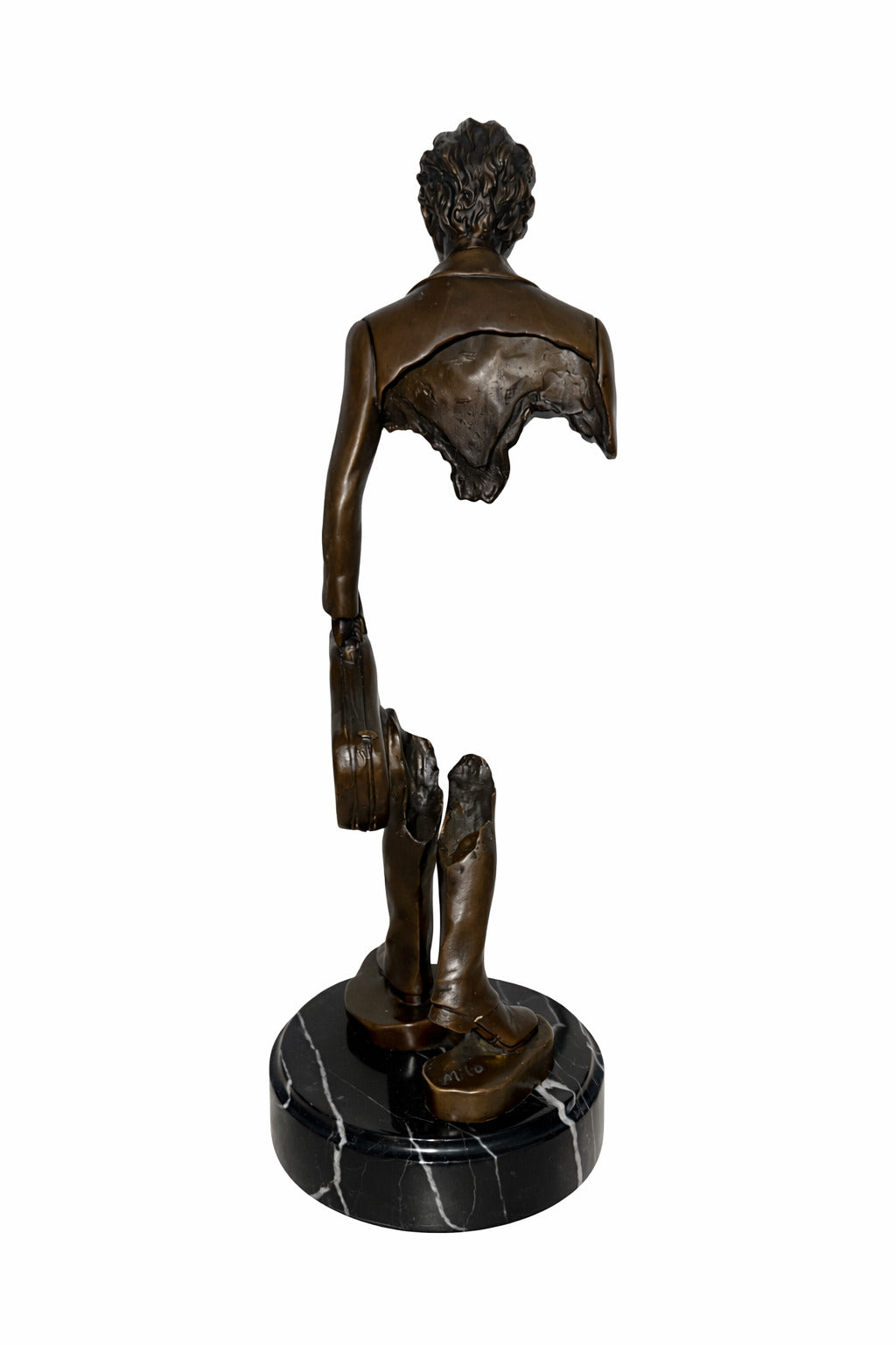 Bronze Skulptur Reisender mit Violine - signierte Musiker Figur auf Marmorsockel
