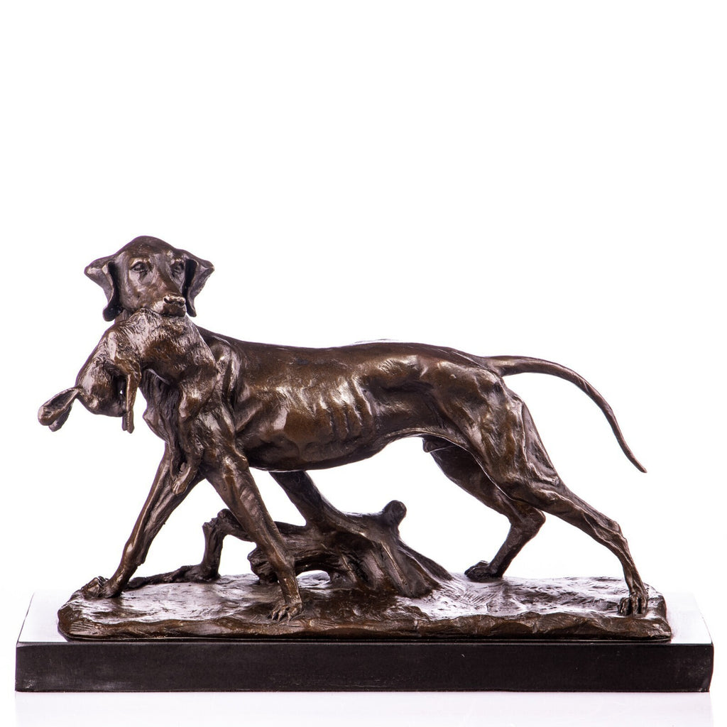 Bronze Skulptur Jagdhund mit Kaninchen auf Marmorsockel – signierte Tierfigur