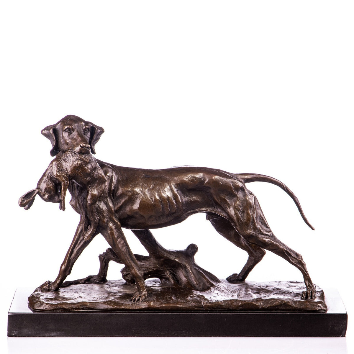 Bronze Skulptur Jagdhund mit Kaninchen auf Marmorsockel – signierte Tierfigur