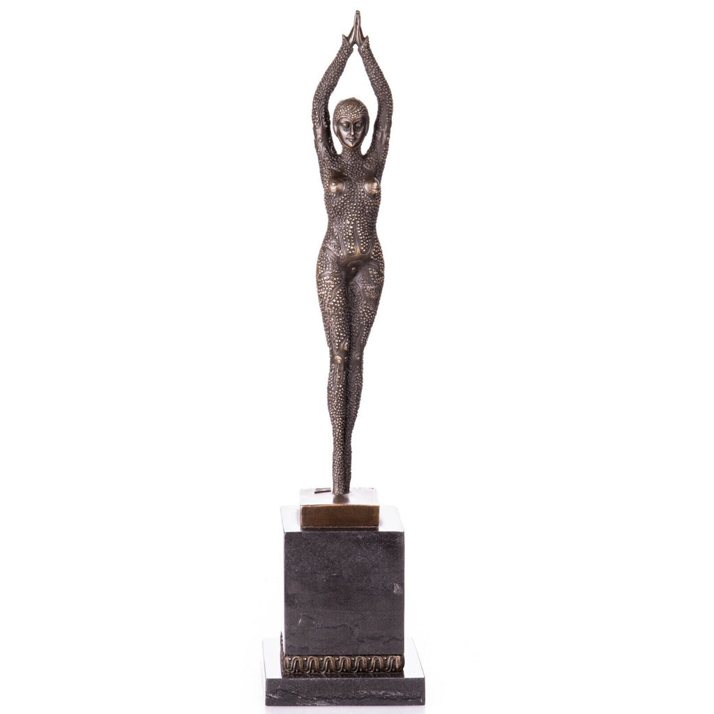 Bronze Skulptur Tänzerin nach D.H. Chiparus auf Marmorsockel – signierte Figur