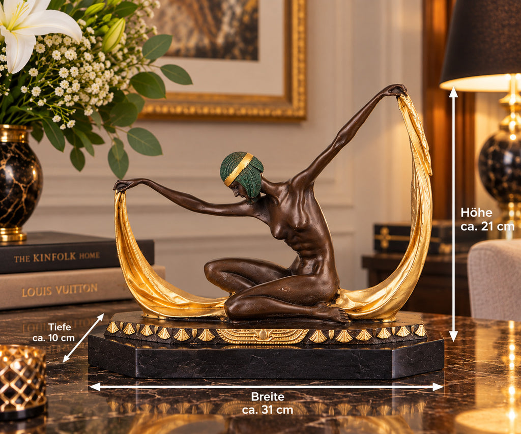 Art Déco Bronze Skulptur Tänzerin mit Tuch – signierte Frauenfigur Marmorsockel