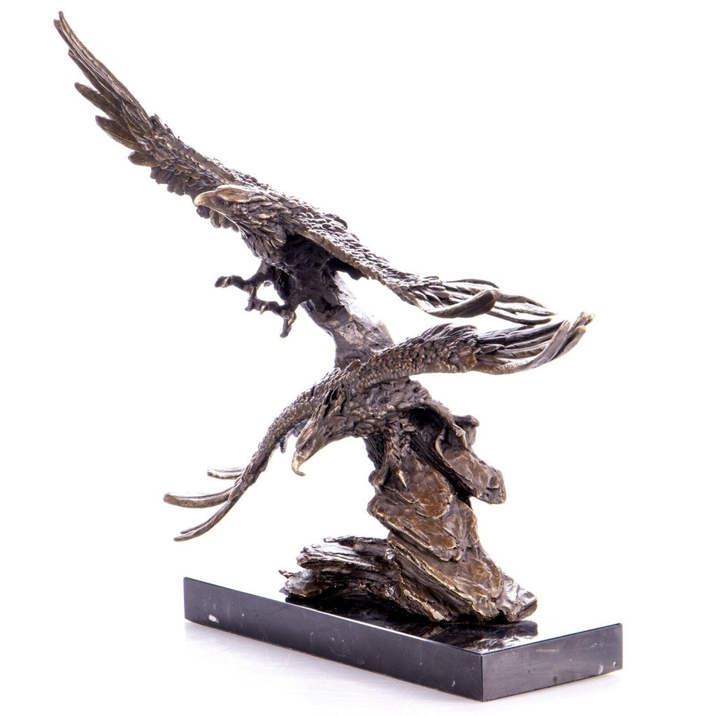 Bronze Skulptur zwei Adler im Flug – signierte Tierfigur auf Marmorsockel