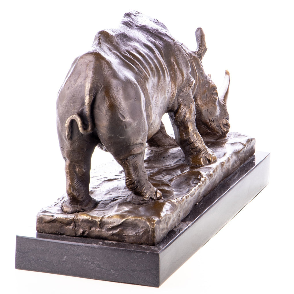 Bronze Skulptur Nashorn in der Natur - signierte Tierfigur auf Marmorsockel