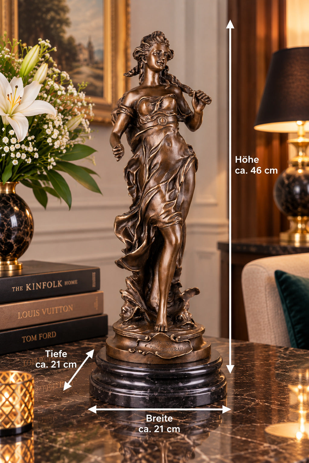Bronze Skulptur Göttin Amphitrite nach A. Moreau – signierte Figur, Marmorsockel