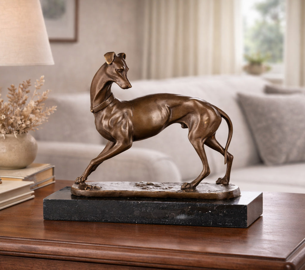 Bronze Skulptur Windhund nach Barye – signierte Tierfigur auf Marmorsockel
