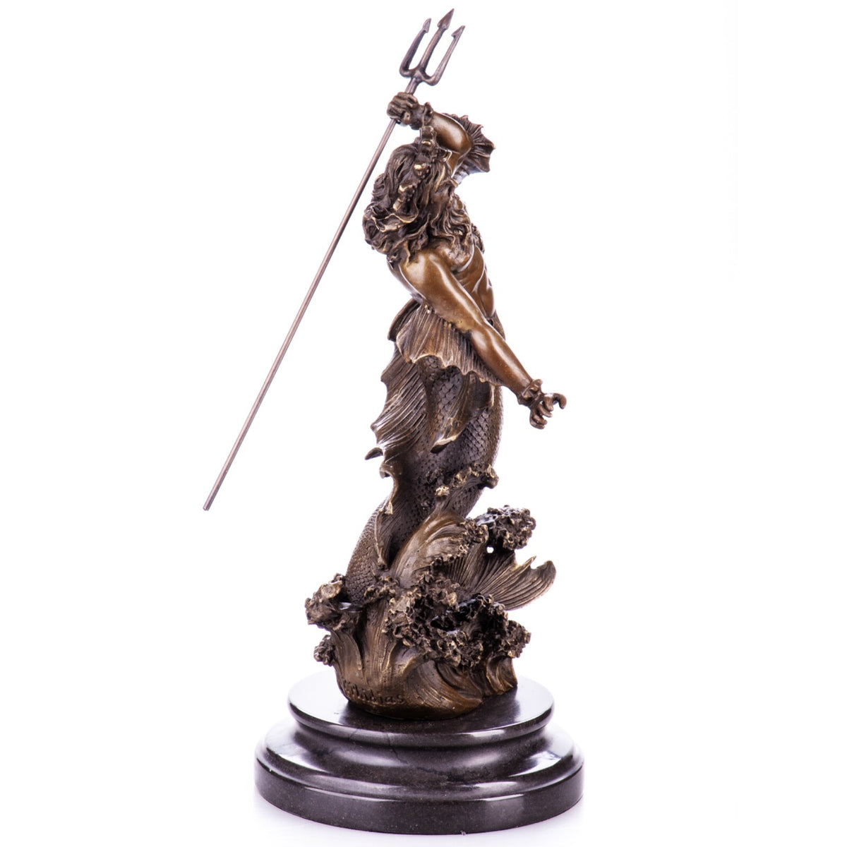 Bronze Skulptur Neptun / Poseidon - signierte Mythologie Figur auf Marmorsockel