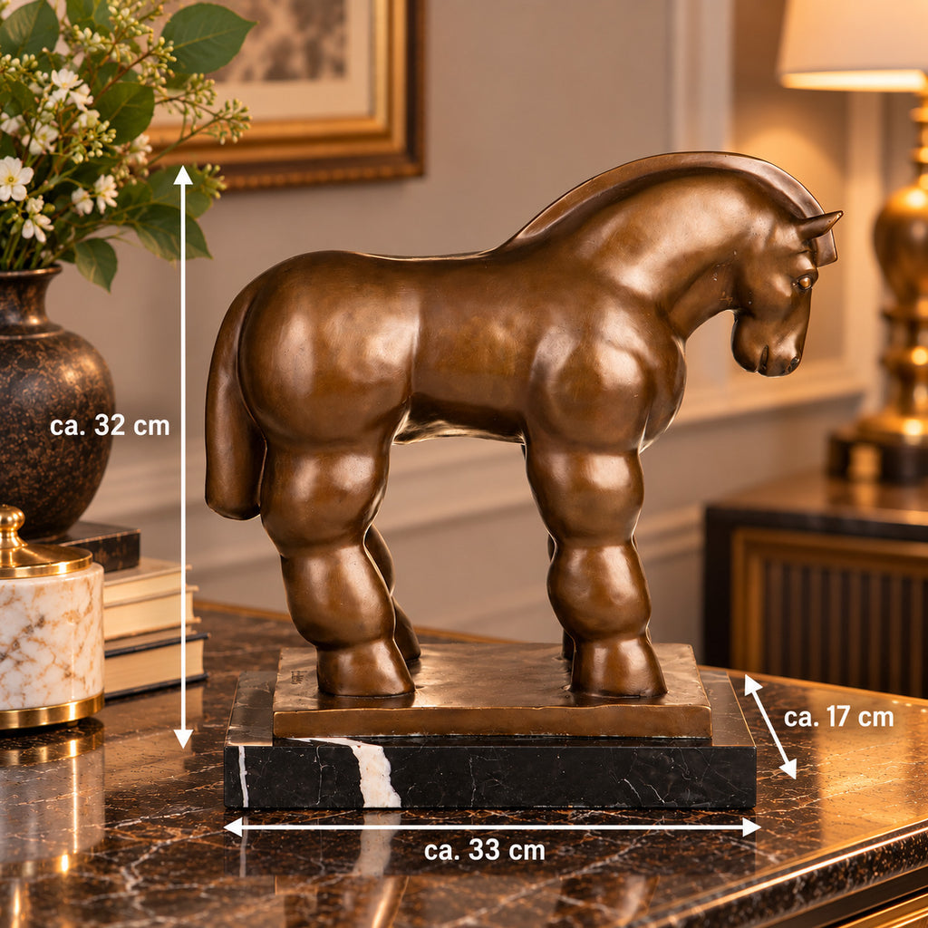 Bronze Skulptur Trojanisches Pferd – signierte Tierfigur auf Marmorsockel