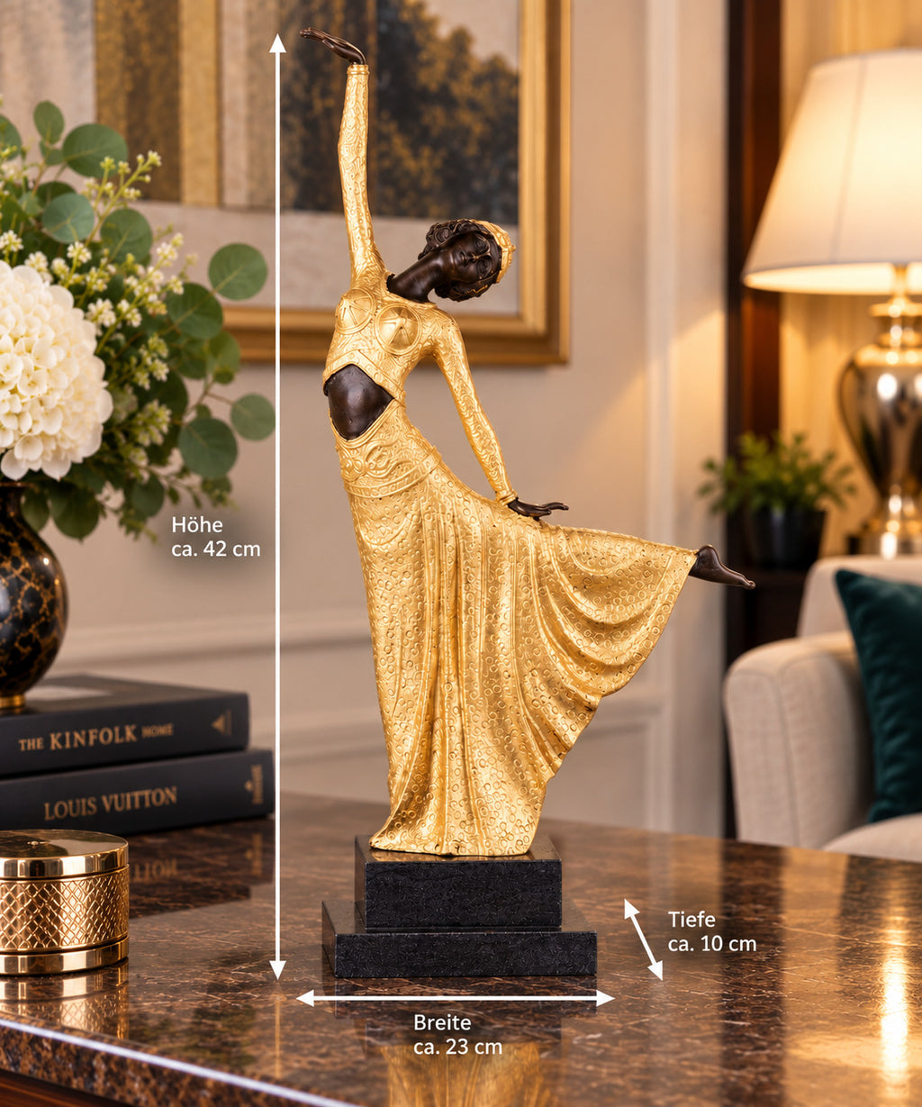 Bronzeskulptur Tänzerin nach D. H. Chiparus, Art Déco, goldfarben, Marmorsockel