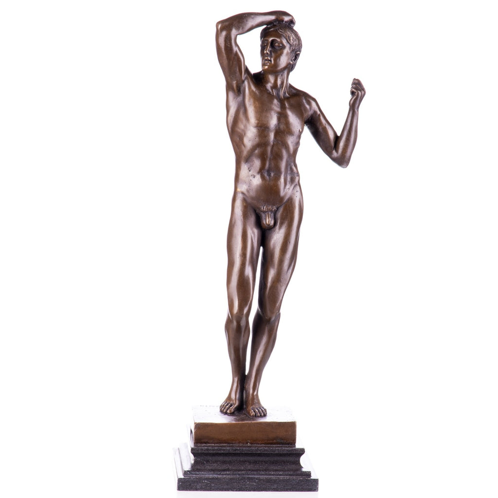Bronze Skulptur Das eherne Zeitalter n. Rodin - signierte Aktfigur, Marmorsockel