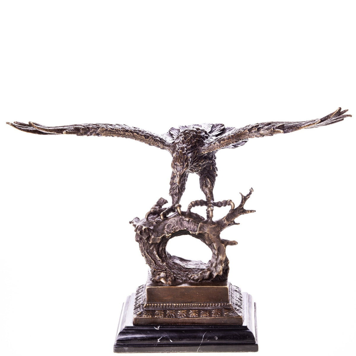 Bronze Skulptur Adler im Flug – signierte Tierfigur Vogel auf Marmorsockel