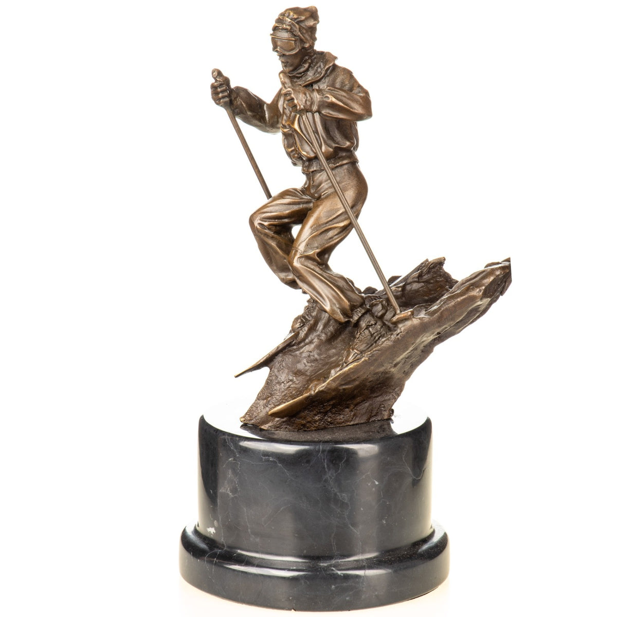 Bronze Skulptur Skifahrer - signierte Sportlerfigur Wintersport auf Marmorsockel