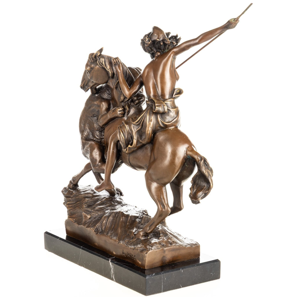 Bronze Skulptur Amazone zu Pferd - signierte Jagdfigur auf Marmorsockel
