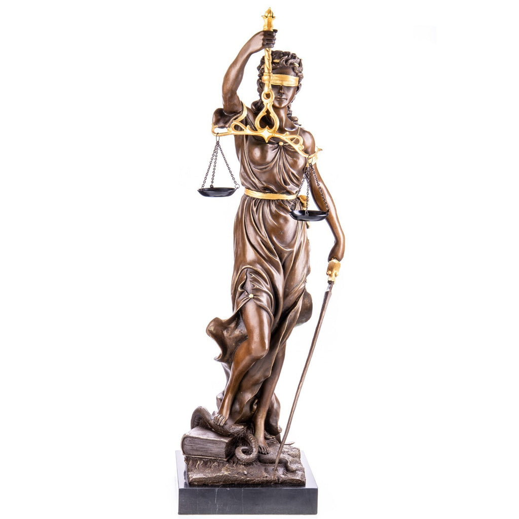 Bronze Skulptur Justitia mit Waage & Schwert – signierte Figur auf Marmorsockel