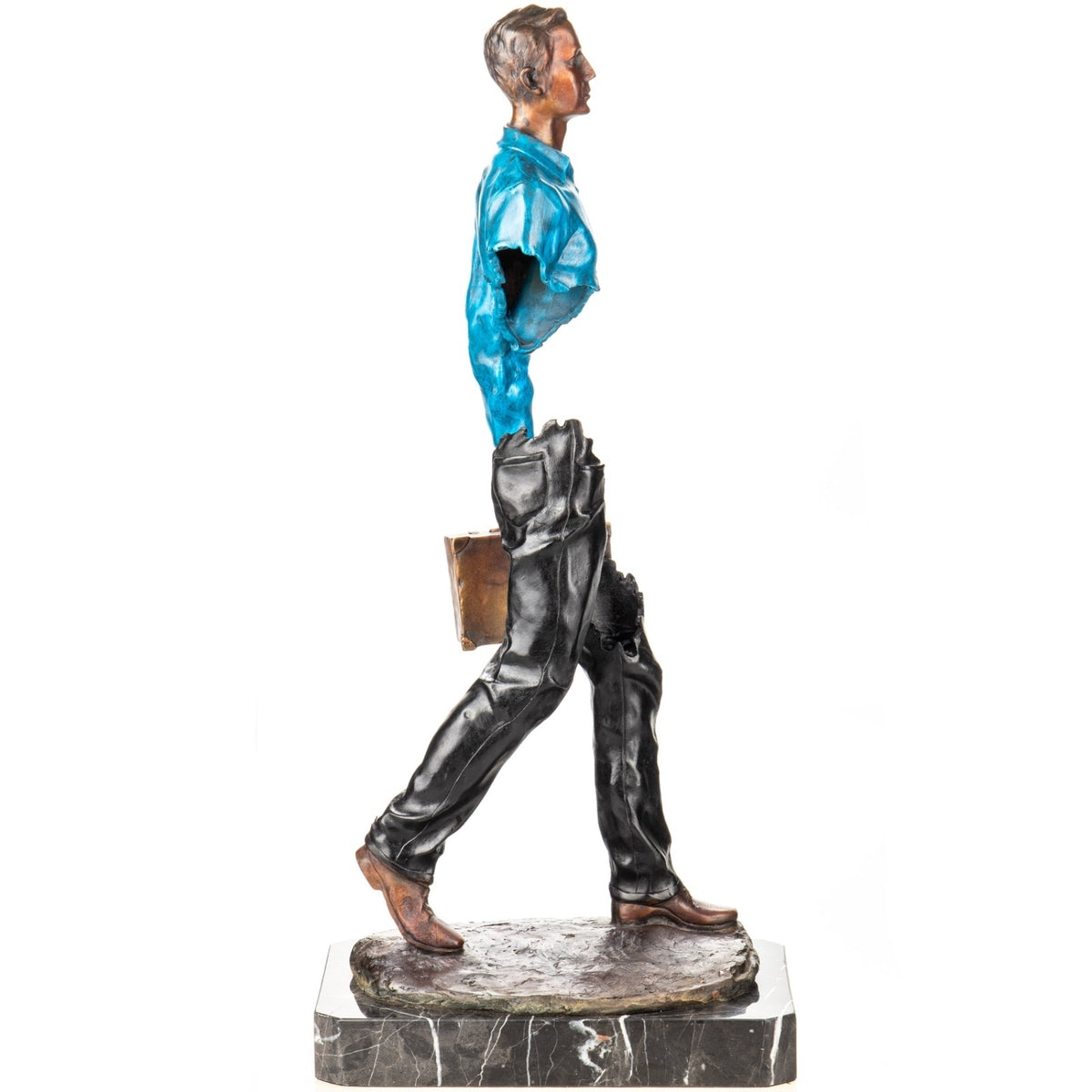 Bronze Skulptur Reisender mit Koffer – signierte moderne Kunstfigur auf Marmorsockel