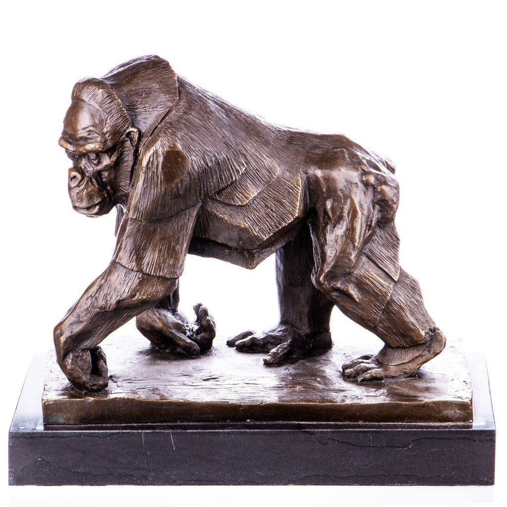 Bronze Skulptur Gorilla Affe - signierte Tierfigur in Natur auf Marmorsockel