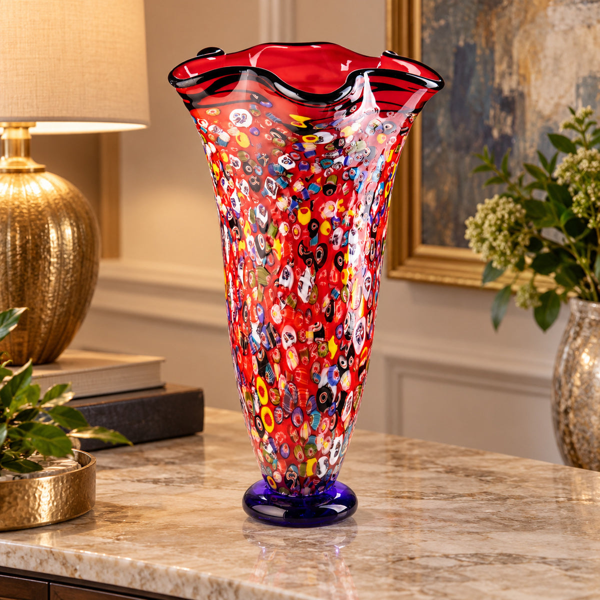 Exklusive Murano Glas Vase – Rote Millefiori Vase mit Mosaik Muster