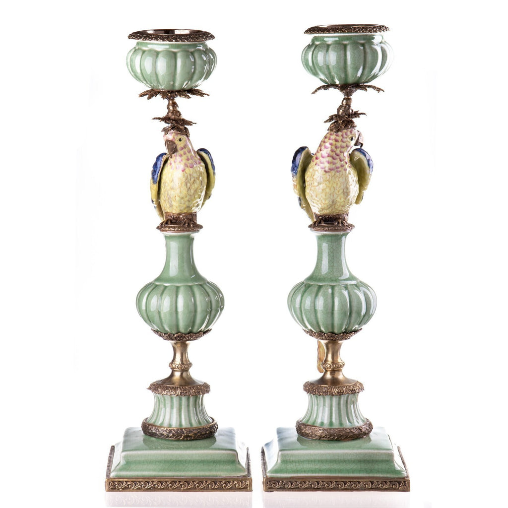 Kerzenhalter-Set Papageien aus Porzellan & Bronze – 2-teilig, 58 cm
